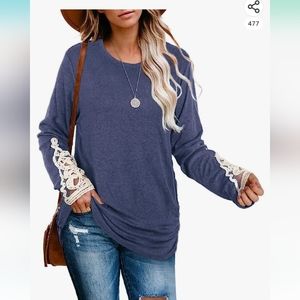 Wilholl Blue Round Neck Ruched Long Sleeve T Shirt w Lace Detail Size Large NWOT